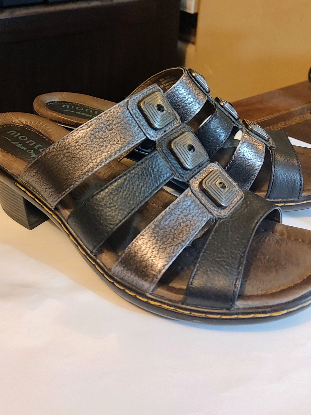 Women's Grey And Black Leather Montana Slip-On Sandals